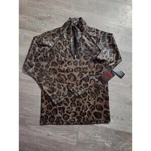 Cowgirl Tuff Leopard Metallic Mesh Quarter Zip Rodeo Performance Top Western NWT